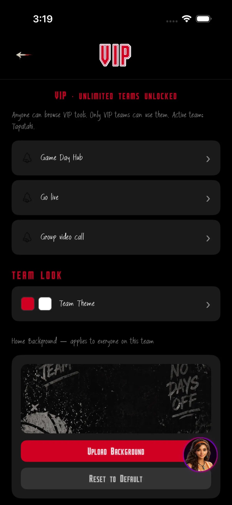 VIP tools: Game Day, Go live, group video call and team look.