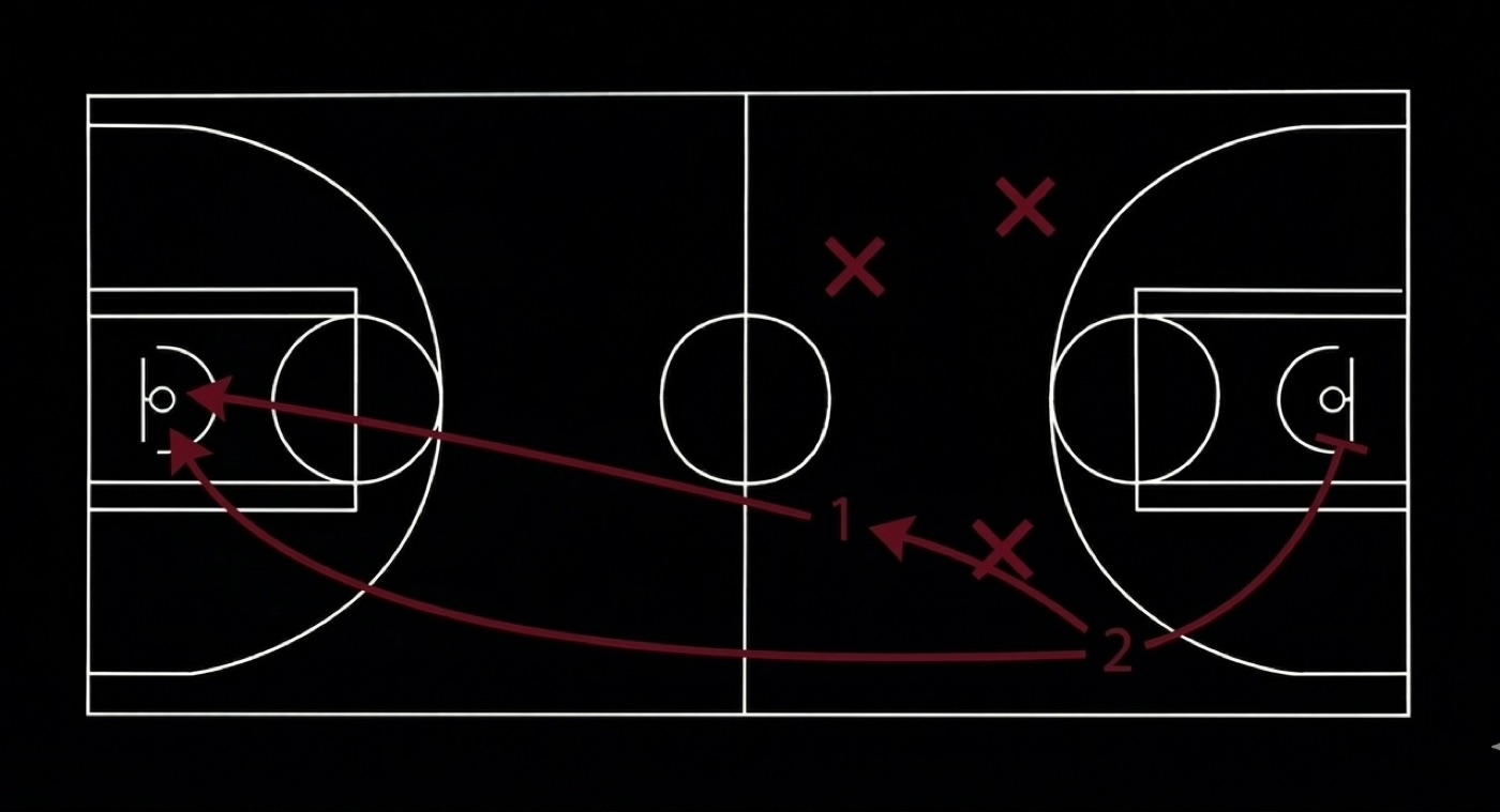 Training play diagram on a dark court.